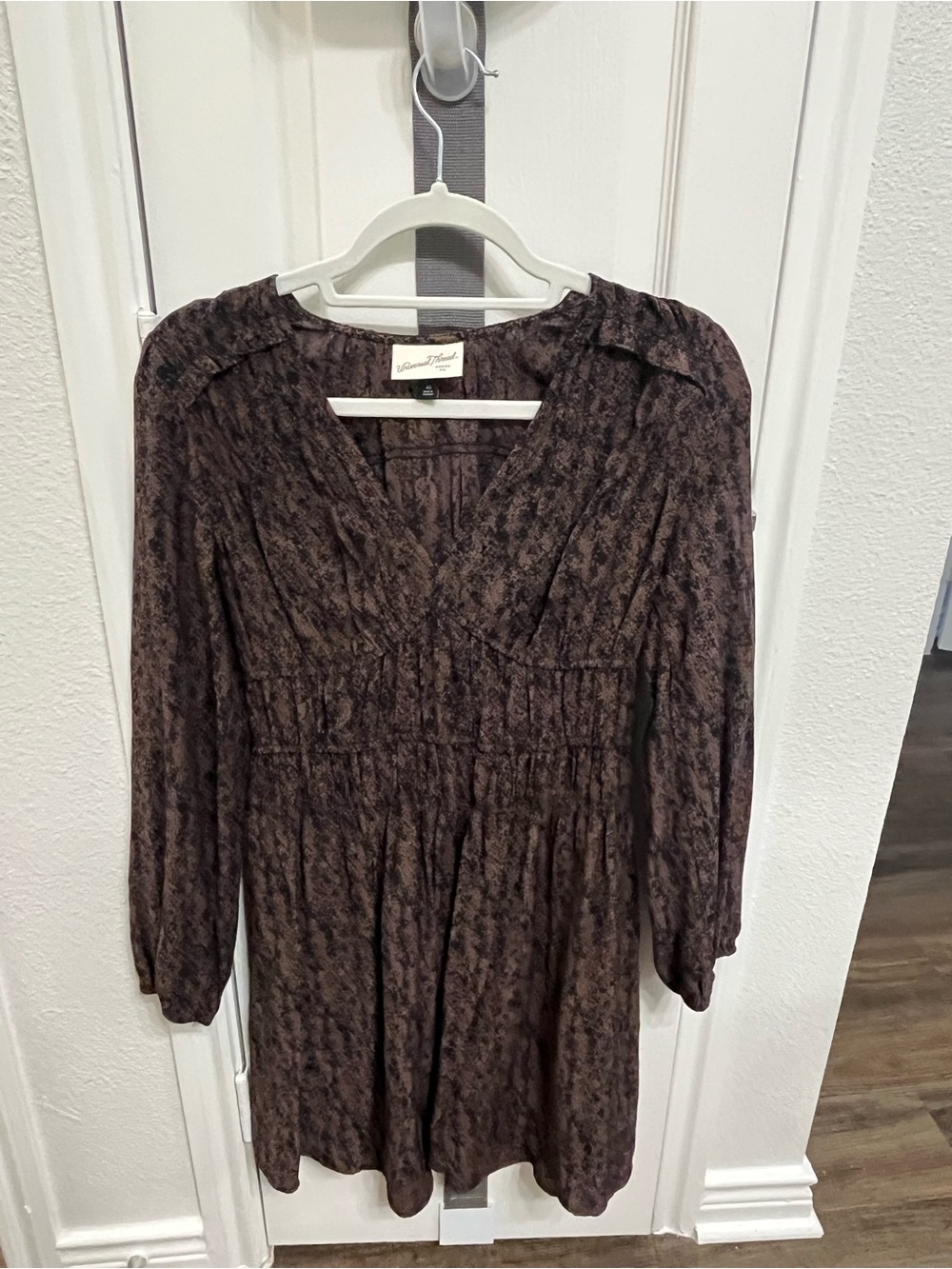 Universal Thread Brown Patterned Long Sleeve Smocked Waist Mini Dress